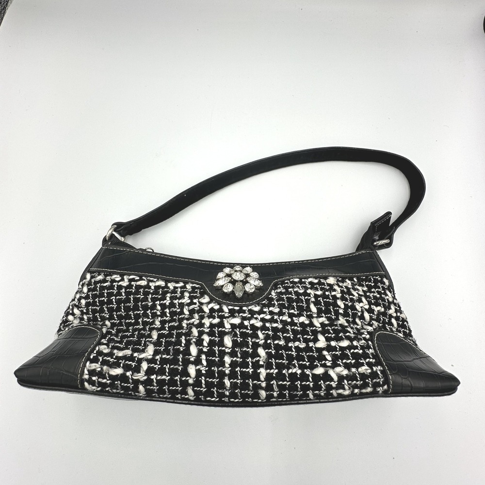 Y2K Black White Wool Tweed Small Shoulder Bag Rhinestones Faux Croc Trim READ